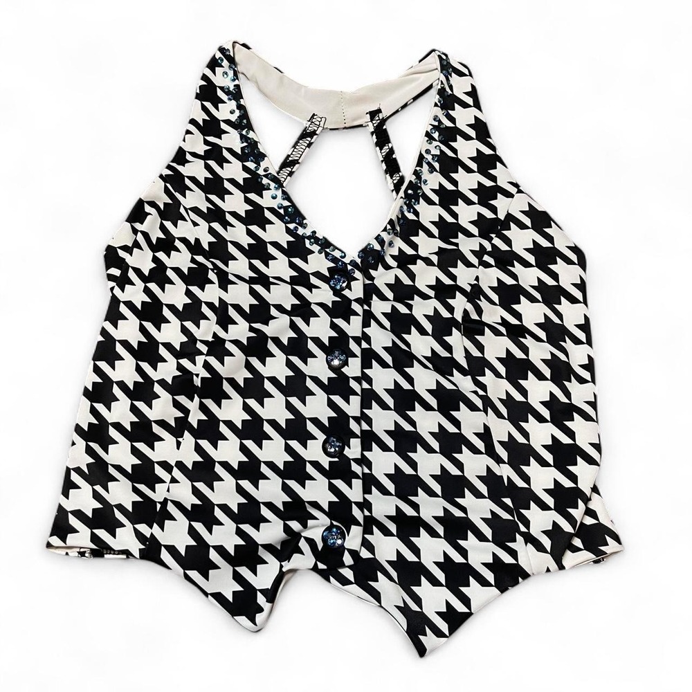 Kellé black and white houndstooth crop top with blue rhinestone details